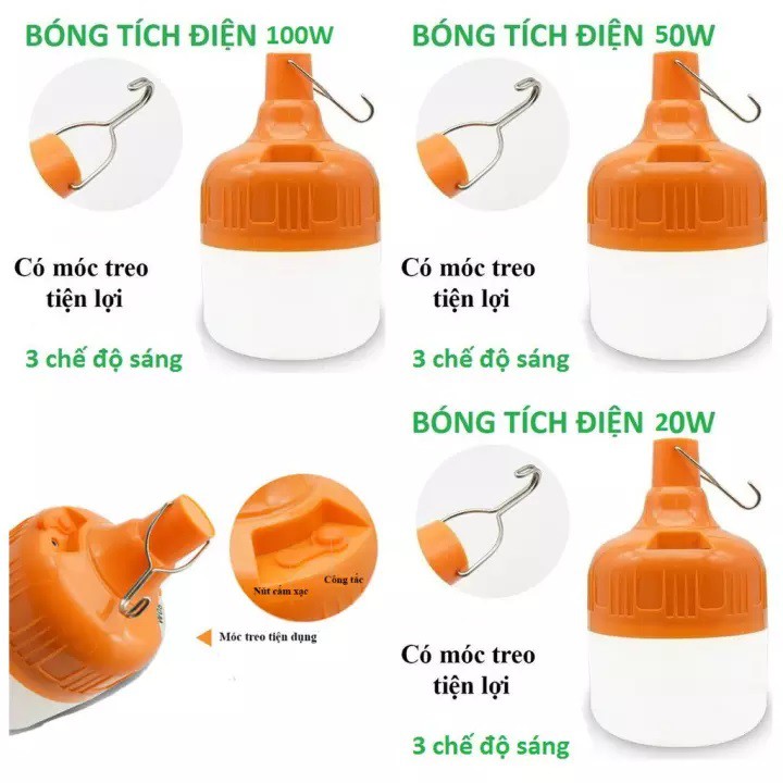 Bóng đèn sạc tích điện 100w kèm móc treo tiện lợi