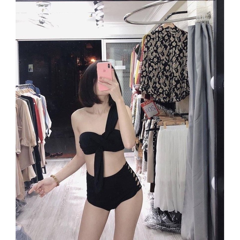 Bikini 2 mảnh áo gong 1 vai  mút điều nâng đi kèm quần cạp cao nhún