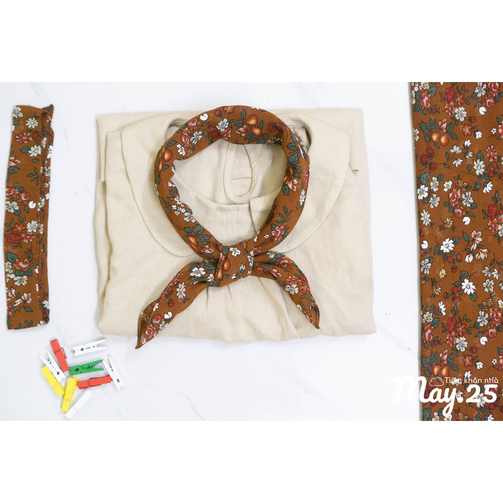 KHĂN VUÔNG BANDANA, TURBAN VINTAGE màu nâu hoa nhí