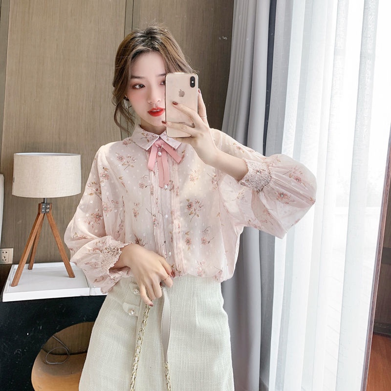 Áo Sơ Mi chiffon Tay Dài In Họa Tiết Hoa Thắt Nơ Phong Cách retro Thời Trang Mùa Xuân Mới 2022