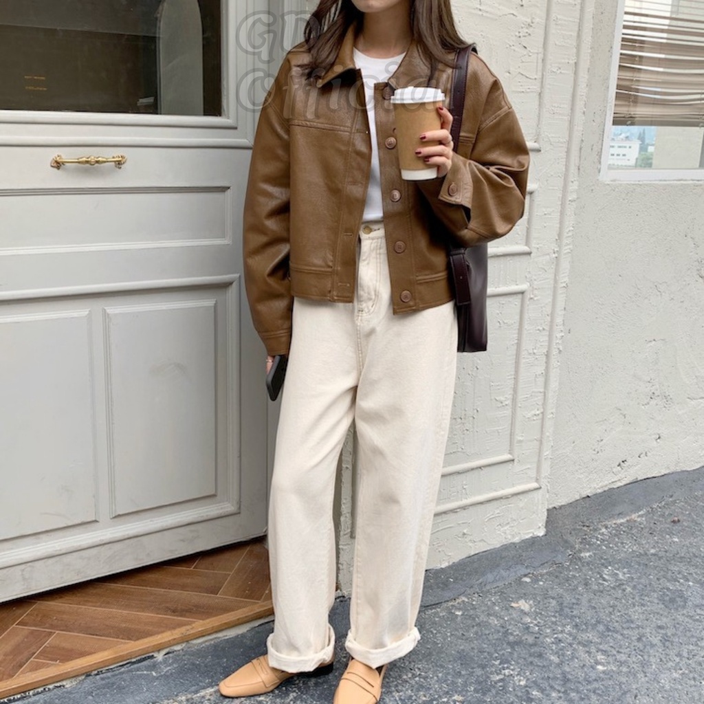 K9|Áo khoác da PU nữ hàn quốc croptop retro ngắn, dài tay có túi đi làm, đi học gd_order