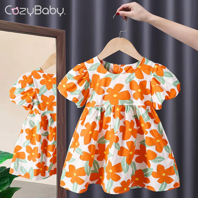Đầm Công Chúa Tay Ngắn Phồng Vải Cotton In Hoa Thời Trang Mùa Hè Cho Bé Gái