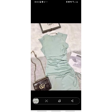 Thanh lý váy lụa rút nhún eo màu xanh ngọc tôn da