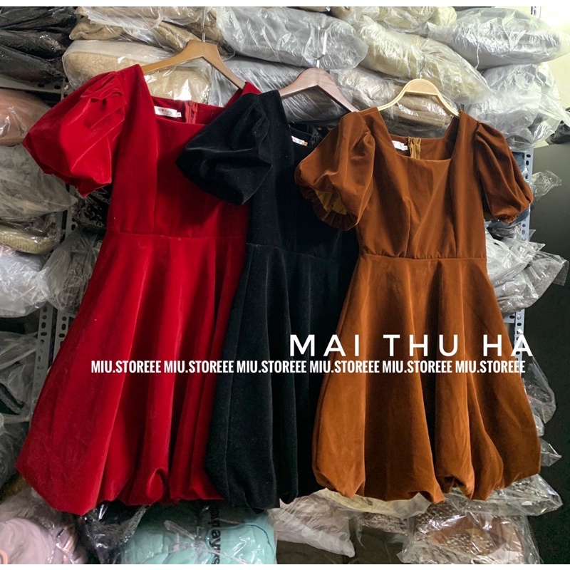 VÁY NHUNG TAY BỒNG XOÈ XINH MẶC TẾT VNTBXX