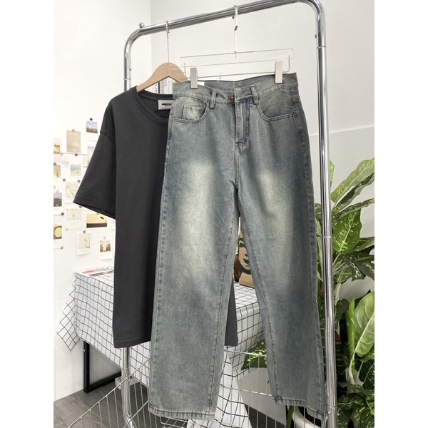 QUẦN BAGGY JEANS XÁM VÀNG TRƠN ỐNG RỘNG FORM UNISEX NAM NỮ (hình chụp thật)