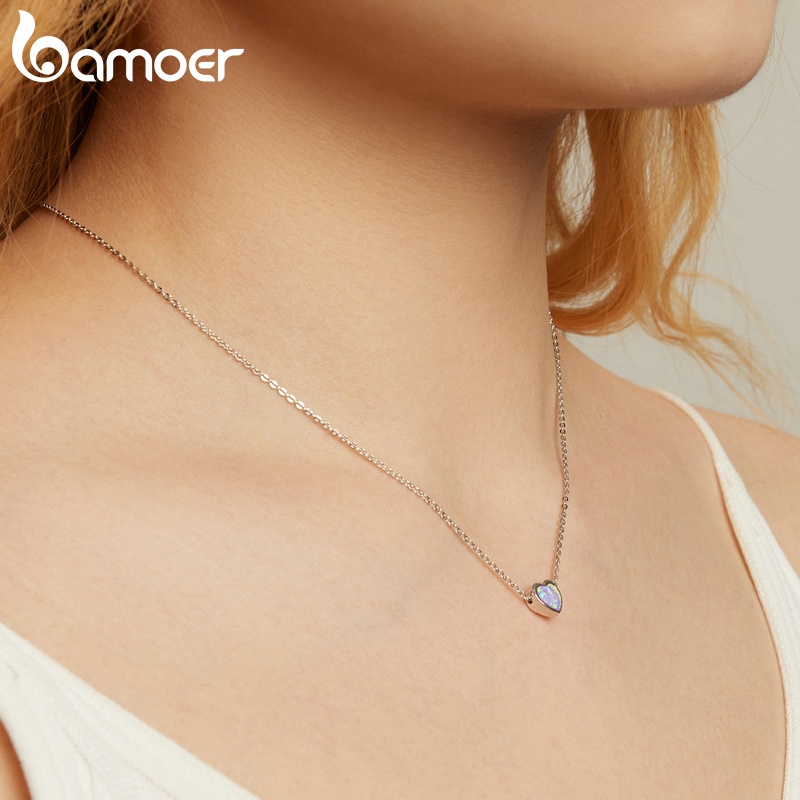 Vòng cổ BAMOER Sn471 từ bạc 925 mặt trái tim đính đá mắt mèo thời trang cho nữ