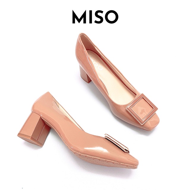 Giày cao gót công sở nữ basic da bóng mũi vuông trendy gót trụ phối khoá 7cm MISO M014