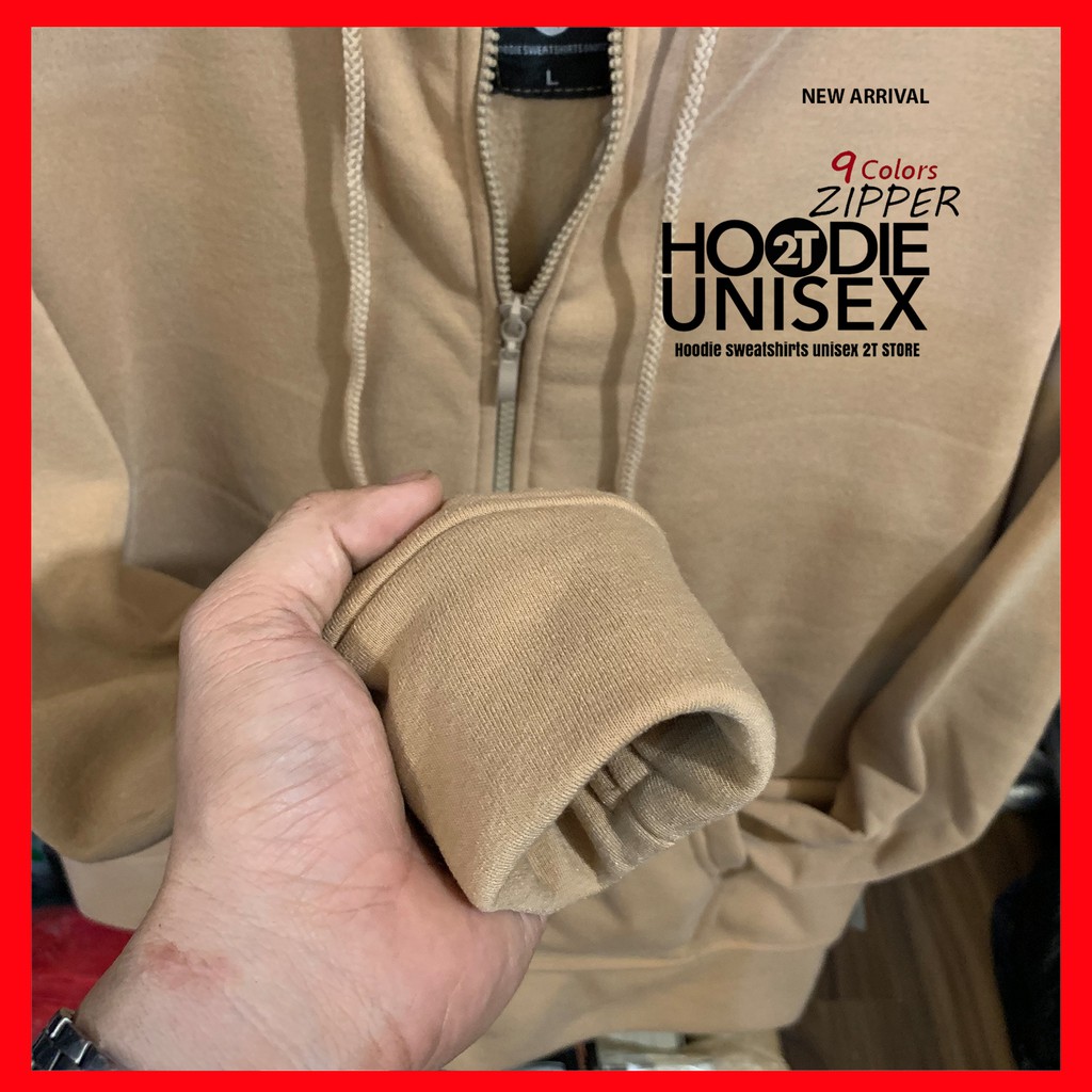 Áo hoodie zipper unisex 2T Store HZ05 màu kem tan Cafe - Áo khoác nỉ dây kéo nón 2 lớp dày dặn chất lượng đẹp