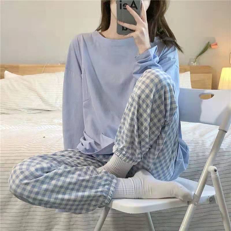 Bộ Đồ Ngủ Dài Tay Họa Tiết Ca Rô Ca Rô Xinh Xắn Theo Phong Cách Hàn Quốc Dành Cho Nữ