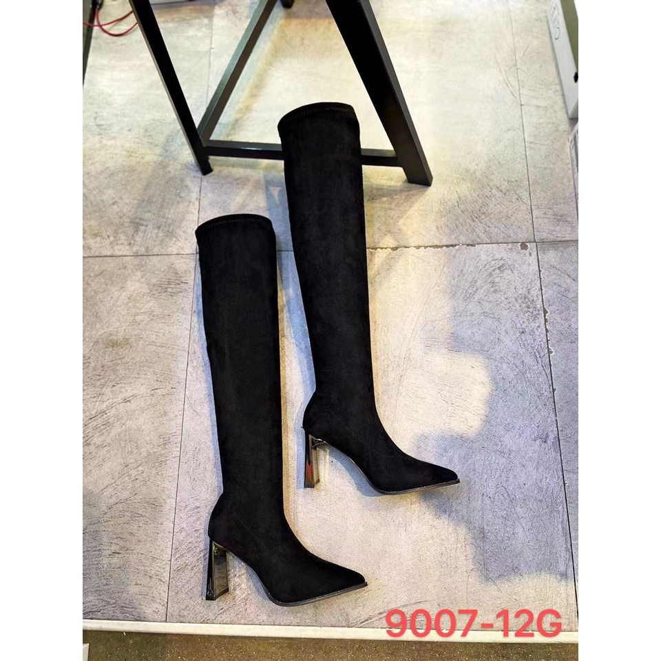 Giày bốt thời trang nữ QC ❤️FREESHIP❤️ Boots đùi nỉ nhung co giãn hot trend mũi nhọn đế vuông 9007-12