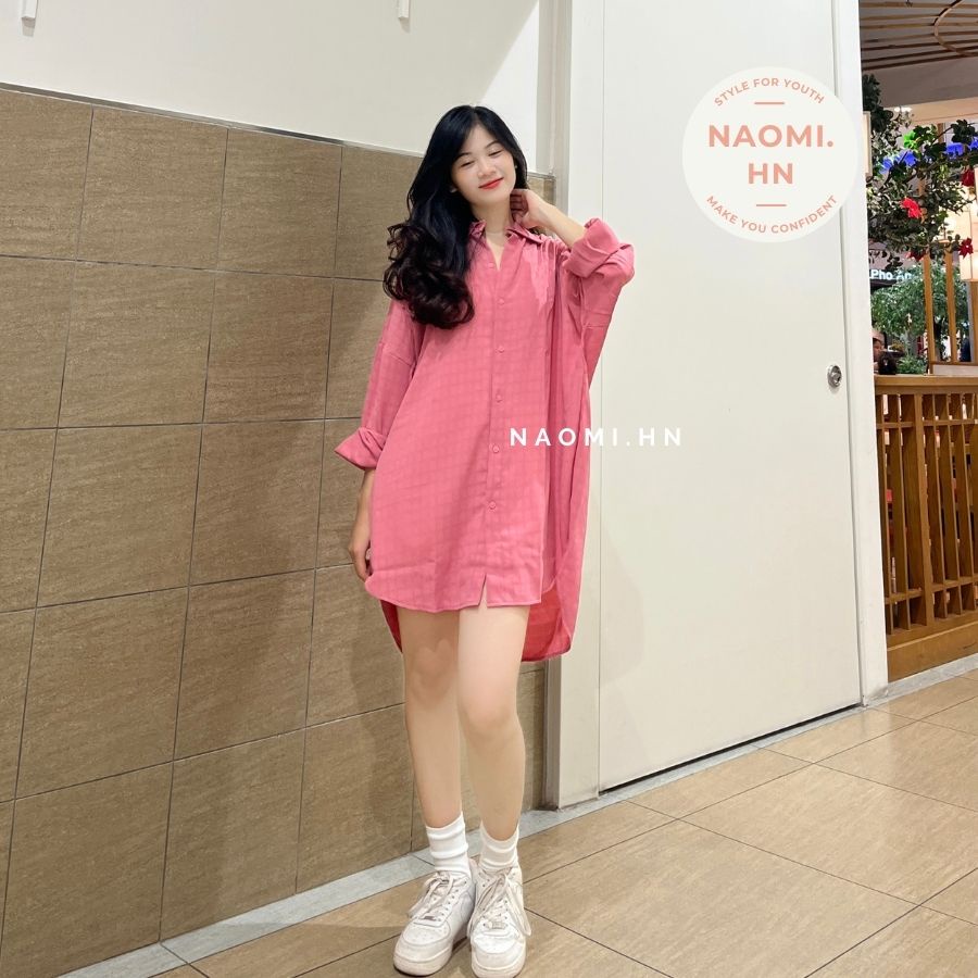 Váy sơ mi dài tay form rộng Hàn Quốc chất đũi xước mát mix caro chìm. Đầm nữ sơ mi suông basic xẻ tà 2 bên HOTHIT