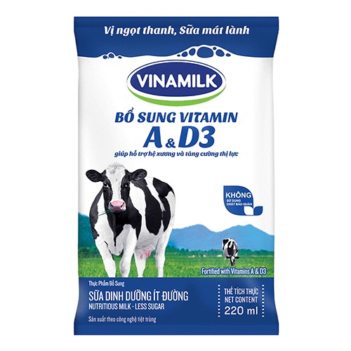 (Túi 220ml) Sữa tươi Vinamilk A&amp;D3  (đủ 5 loại best seller - dâu, socola, có đường, ít đường, không đường)