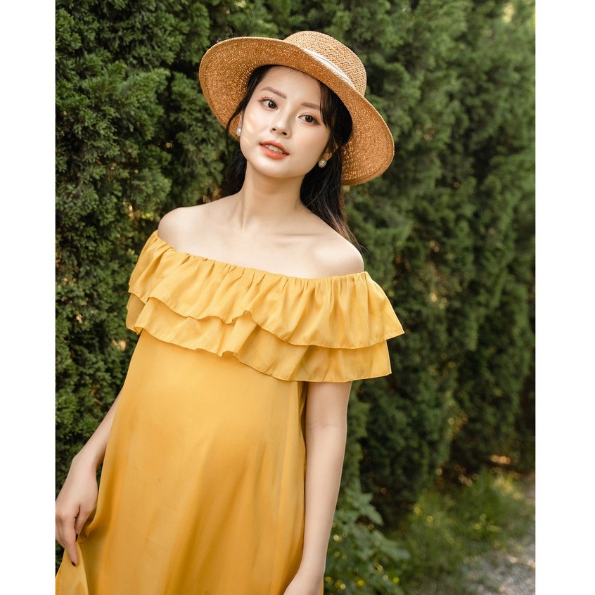 Váy bầu đẹp Junia Dress chất tơ 2 lớp mềm dịu nhẹ, kiểu dáng suông trễ vai cho mẹ bầu làm điệu  by LAMME