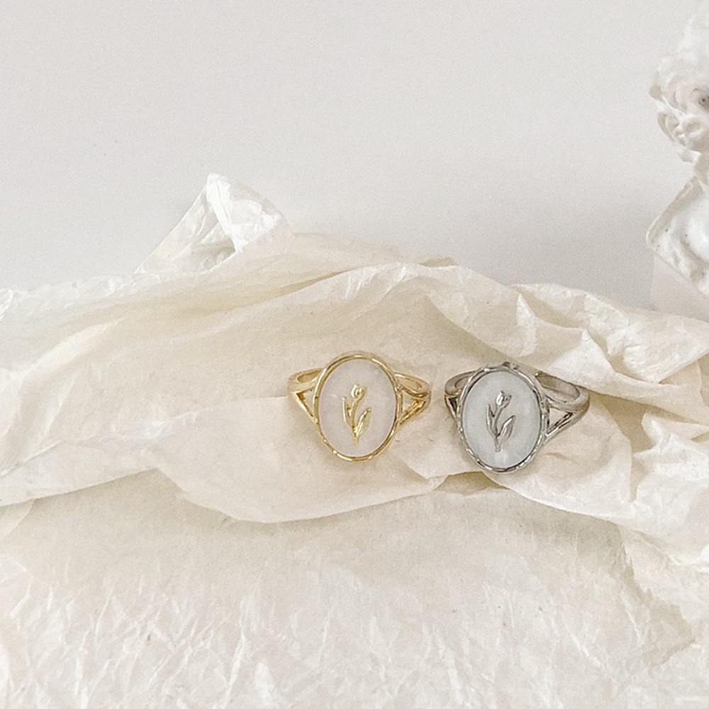 Nhẫn hợp kim chạm hình hoa tulip màu vàng/bạc mạ phong cách vintage dành cho nữ