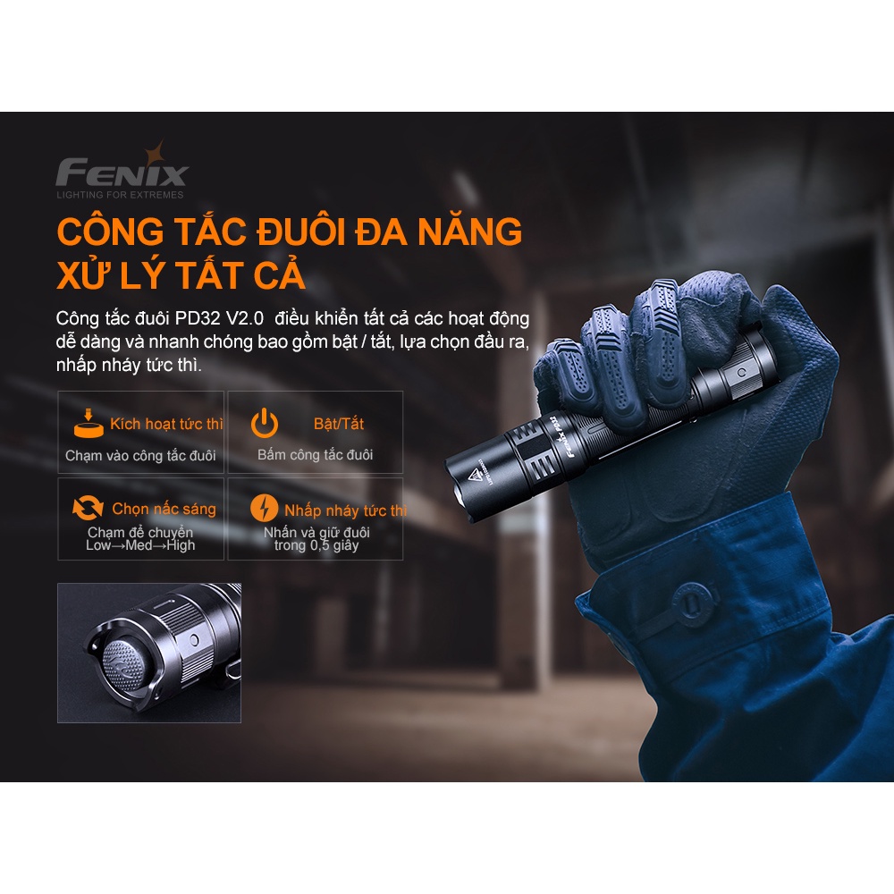 Đèn pin FENIX PD32 V2.0 độ sáng 1200 lm chiếu xa 395m sử dụng pin sạc 18650