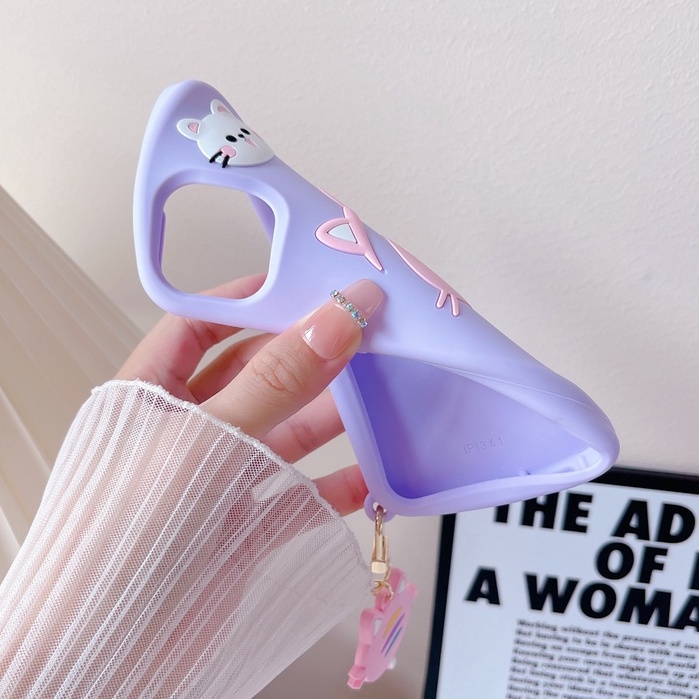 Ốp Điện Thoại Silicon Mềm Hình Mèo 3D Màu Tím Gắn Móc Khóa Cho Iphone 13 12 11 pro max xs max xr x 6 6s 7 8 plus