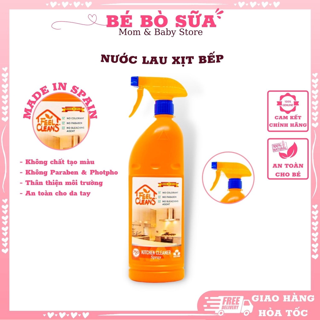 Nước lau xịt bếp FeelCleans 750ml, nước lau bếp, an toàn cho da nhạy cảm