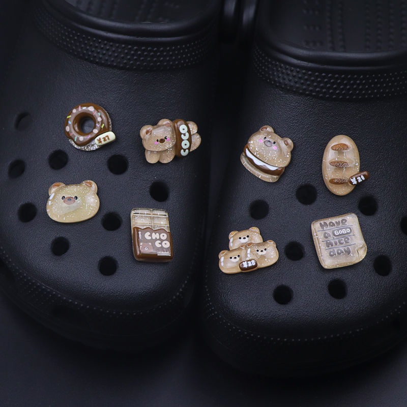 Sticker crocs Shoe Decoration for crocs đế caoSet 8 Khóa Giày Trong Suốt Hình Bánh Donut / Gấu / Cà Phê / Gấu Dễ Thương DIY
