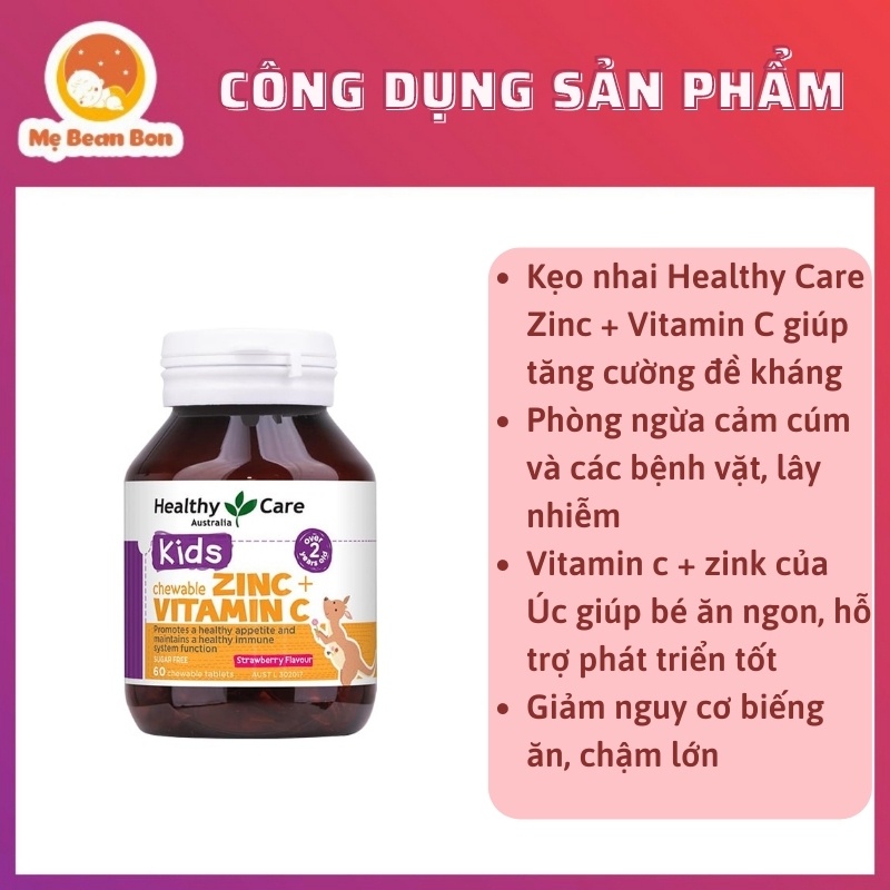 Viên nhai bố sung kẽm Healthy Care Zinc + Vitamin C (60v), Úc
