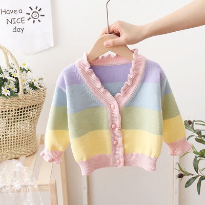 Áo khoác len cardigan dài tay điệu đà cho bé gái - Áo cardigan cổ chữ V màu sắc cầu vồng cho bé gái