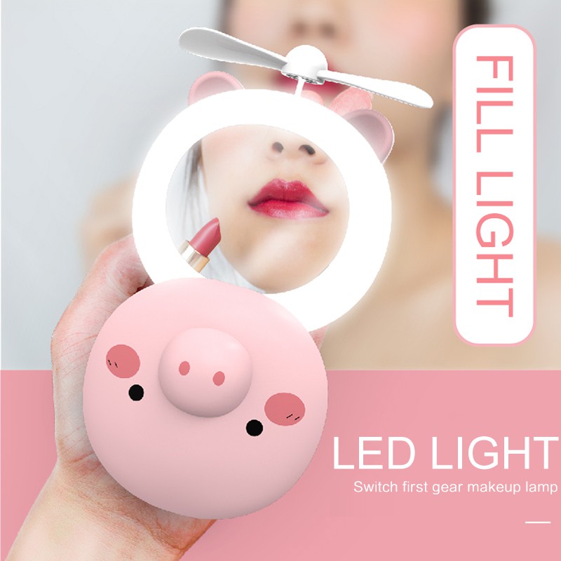 Quạt đèn LED mini có gương trang điểm vòng đèn LED cổng sạc USB thiết kế hình lợn nhỏ gọn đáng yêu