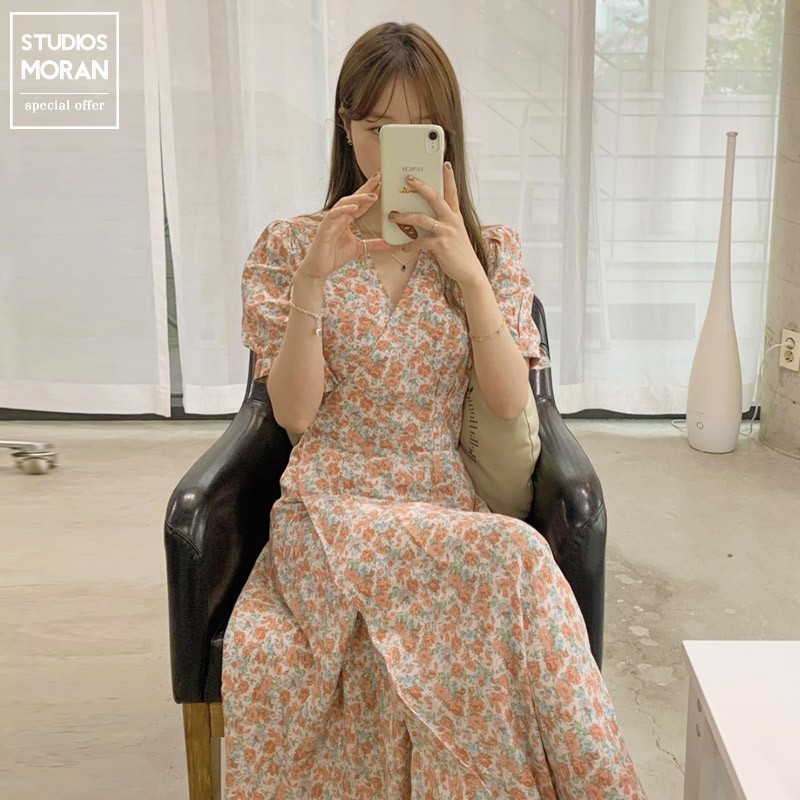 Váy MORAN hoa nhí cộc tay cổ V thắt eo chéo tà điệu đà vintage nhẹ nhàng Hàn Quốc