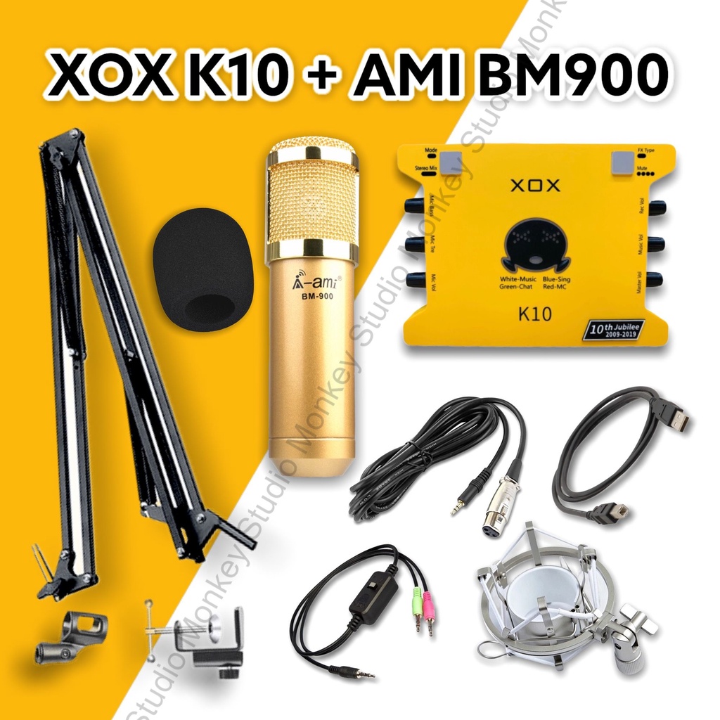 Bộ Combo Mic Thu Âm Hát Livestream Soundcard XOX K10 2020 &amp; Mic AMI BM900 ⚡BH 1 NĂM⚡ Thu Âm Điện Thoại Máy Tính