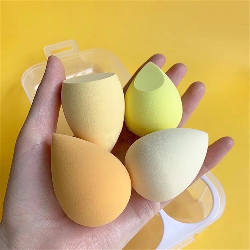 Set 4 mút trang điểm kèm hộp đựng trong suốt - Bộ bông tán kem nền makeup hồng tím xanh vàng