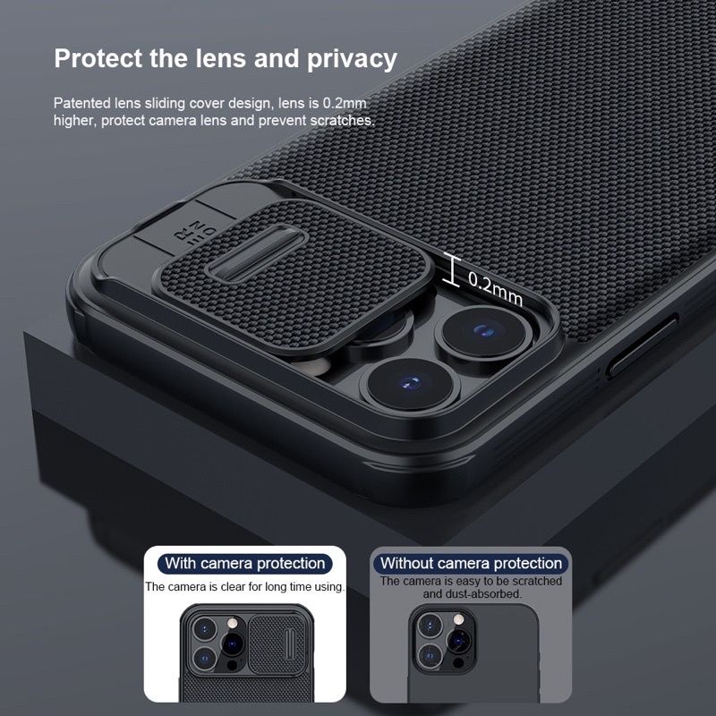 Ốp lưng Nillkin Vải trượt bảo vệ camera cho iPhone 14 , 14 pro max ,13, 13 Pro, 13 Pro Max viền dẻo chống sốc Camshield