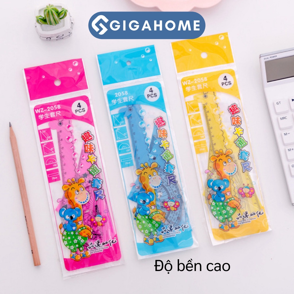 Bộ 4 Thước Kẻ Học Sinh GIGAHOME Đo Góc, Đo Độ Hình Hươu Cao Cổ Đáng Yêu 9110