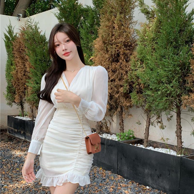 IELGY Đầm Chiffon Trắng Tay Phồng Cổ Chữ V Dáng Ôm Thời Trang Hàn Quốc Cho Nữ