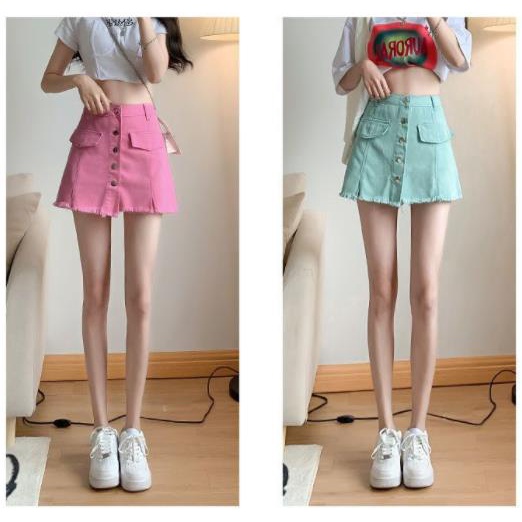 Jiashucheng Chân Váy Denim Hồng Lưng Cao Dáng Chữ a Thời Trang Mùa Hè