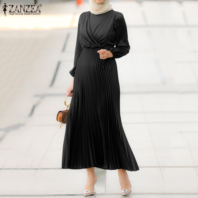 Zanzea Đầm Chữ A Tay Phồng Xếp Ly Thắt Dây Ruy Băng Kiểu Châu Âu Thanh Lịch Cho Nữ