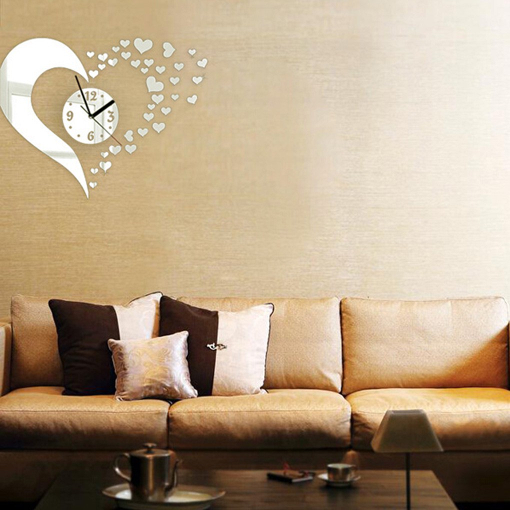 Đồng hồ kim kèm sticker gương 3D hình trái tim trang trí cho phòng khách