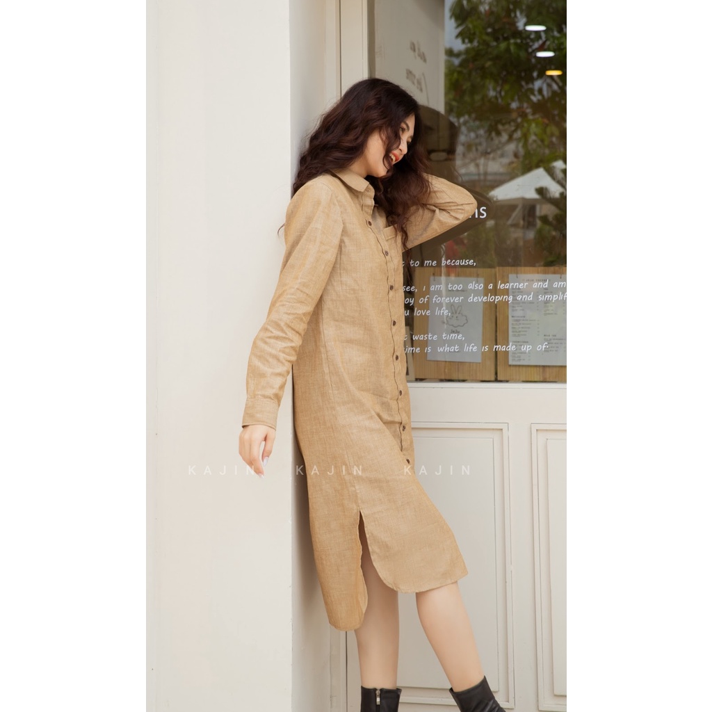 Đầm sơ mi linen tưng, dài tay, xẻ vạt