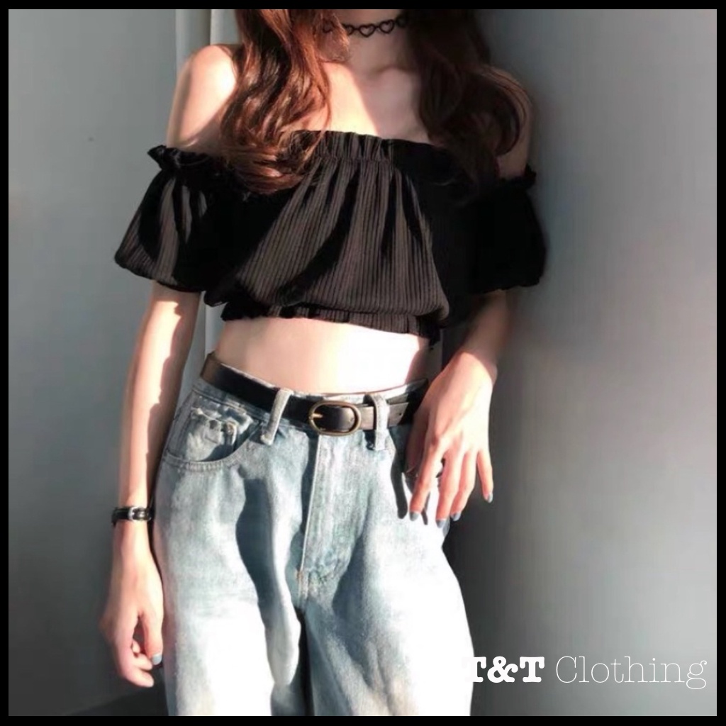 ÁO TRỄ VAI GÂN TĂM TAY BÍ | áo trễ vai thun gân | áo croptop trễ vai thun gân - AK007 | 23tshop