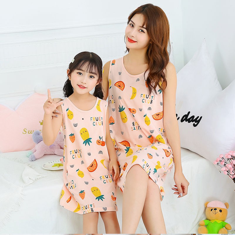 Váy ngủ trẻ em không tay bé gái mùa hè cotton bố mẹ địu công chúa dễ thương Bộ đồ mặc nhà phong cách Hàn Quốc