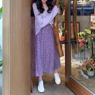 Tách set áo dạng cardigan + váy dài hoạ tiết hoa tím chung tình ulzzang