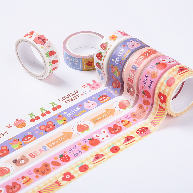 Washi tape cute chủ đề Bear Fruit nhiều màu sắc kèm hoạ tiết dễ thương dài 3m siêu tiết kiệm BmBooks