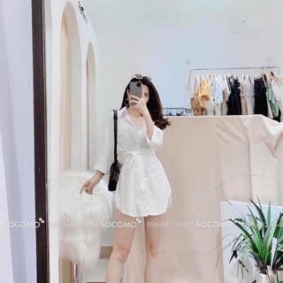 Set áo sơ mi vạt bầu dáng dài mix quần sooc kèm đai