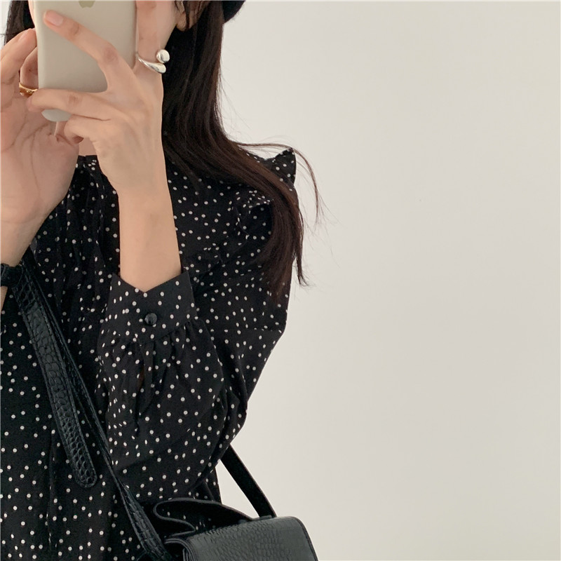 SUXI NEW Đầm Midi Dài Tay Họa Tiết Chấm Bi Xinh Xắn Dành Cho Nữ