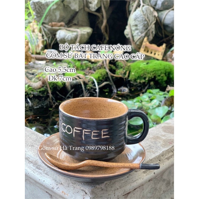 Set cốc đĩa cafe nóng gốm sứ Bát Tràng cao cấp không chì men đen lòng nâu khắc chữ coffee
