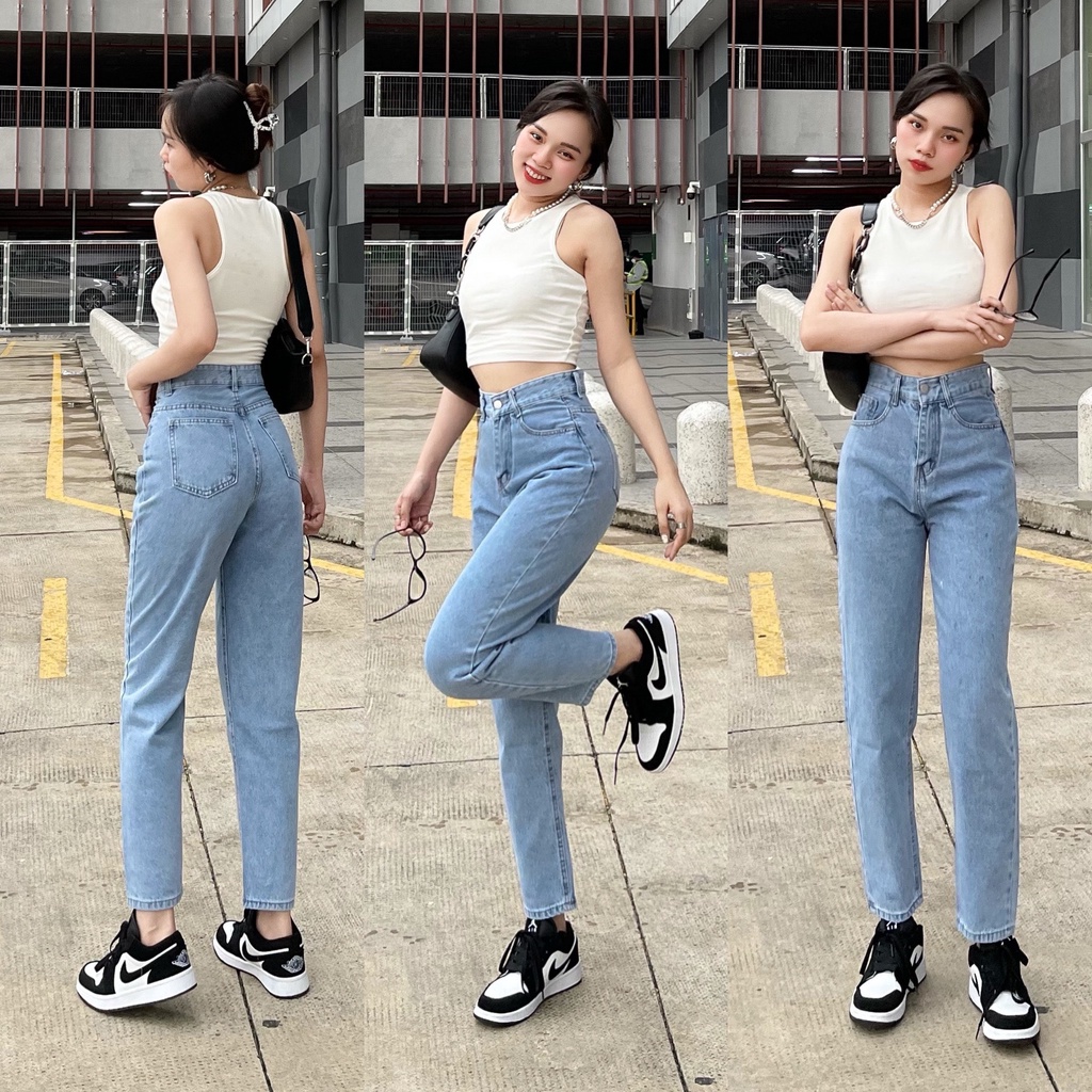 (Hình ảnh thật shop tự chụp) Quần Jean Baggy TRơn Nữ Lưng Cao Tôn Dáng Lai Cuôn Shop Maika Jeans