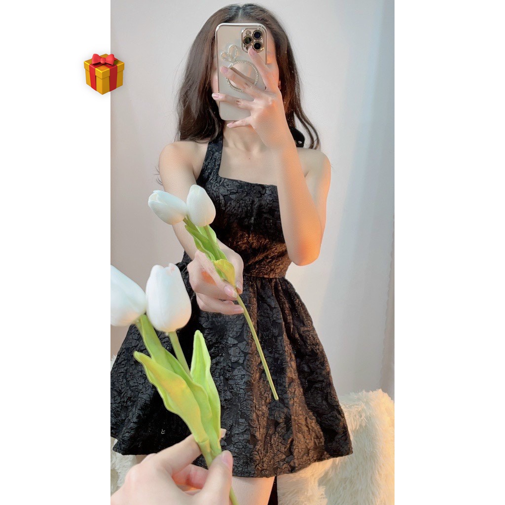 Đầm xốp nữ kiểu yếm dáng ngắn phối dây buộc cổ hot MK105