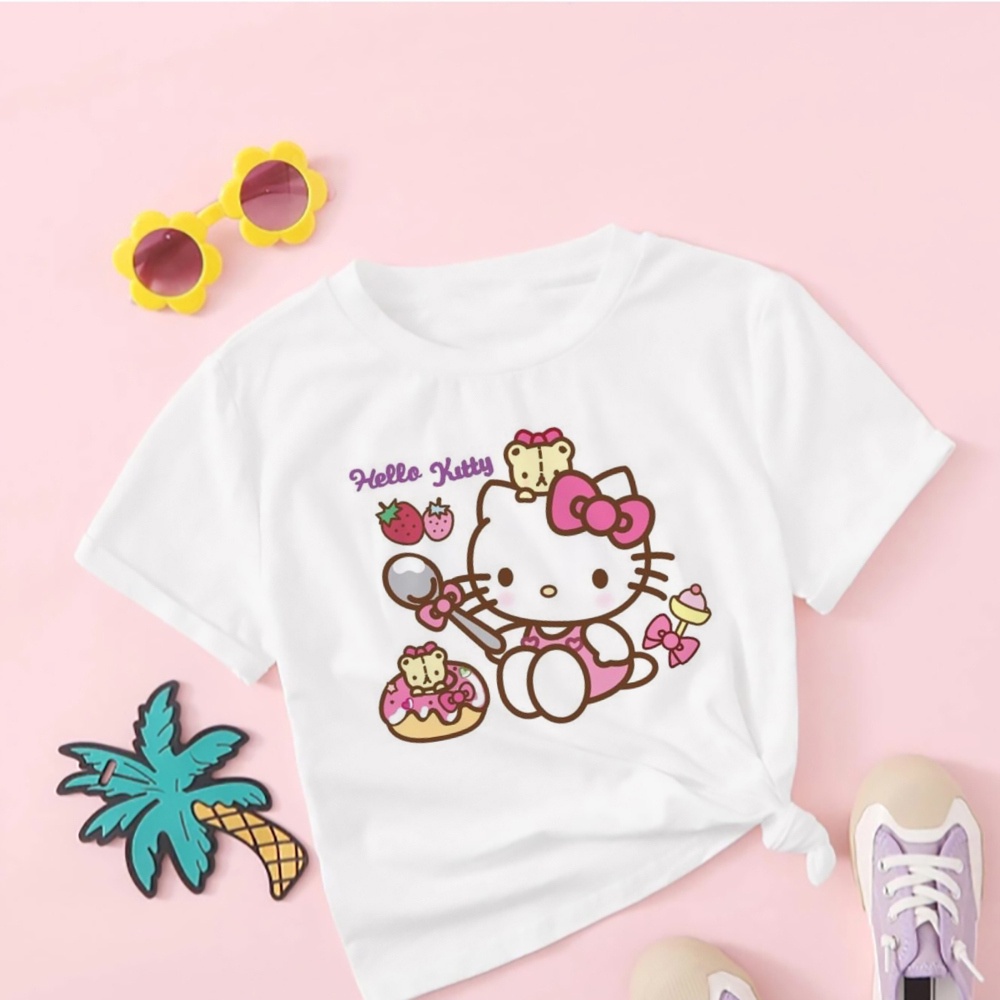 Áo Thun Vải Mềm Thoải Mái In Hình Mèo kitty Dễ Thương Cho Bé Gái