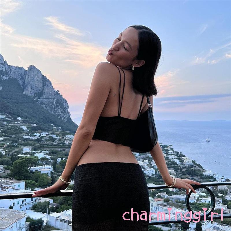 Áo lửng hai dây màu trơn phối dây đan chéo thời trang cho nữ