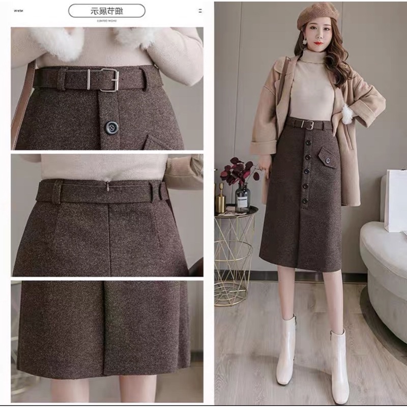 Chân váy dạ dáng dài khuy trước kèm đai, Chân váy dáng dài cạp cao hàng Quảng Châu CV1834 | BigBuy360 - bigbuy360.vn