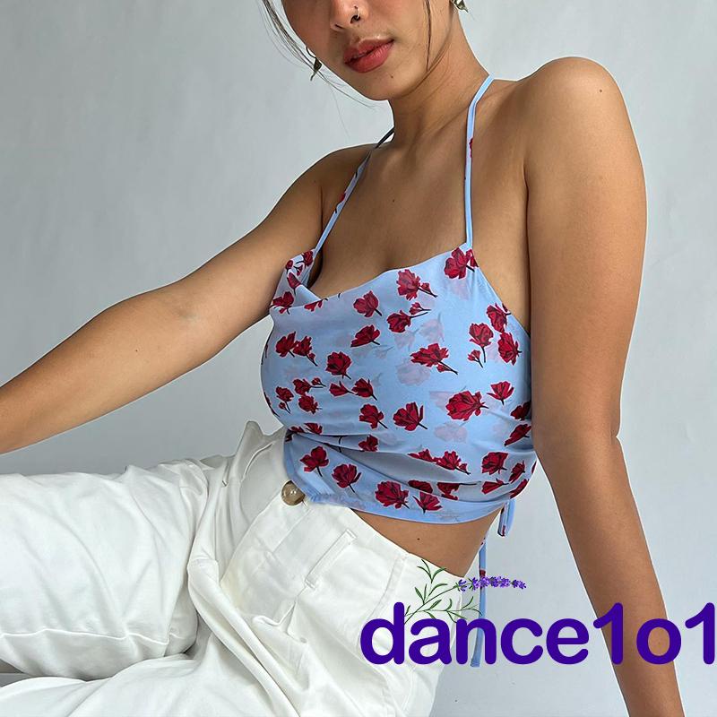 Áo Yếm Hở Lưng In Hoa Màu Xanh Dương Dùng Múa 1O1- Thời Trang Cho Nữ