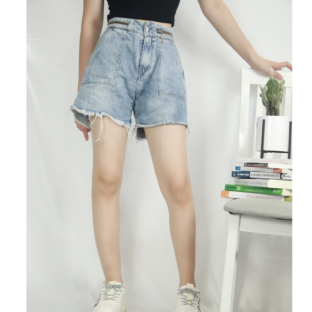 Quần Short Jean Gấu Tua Rua Mix Cạp Dây Kéo Siêu Xịn S9009