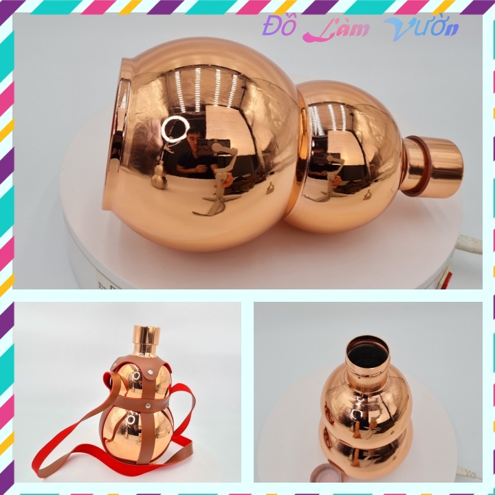 Bình hồ lô Inox 1.6 lít đựng nước màu đồng có bao da lủng